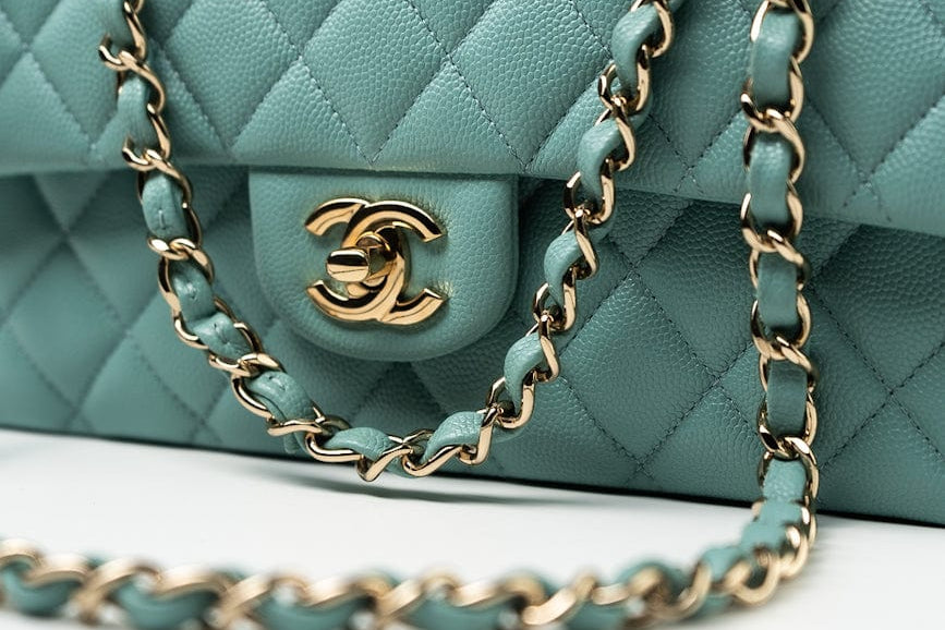 CHANEL Handbag 20C Tiffany Blue Caviar Quilted Classic Flap Medium Light Gold Hardware - Redeluxe
