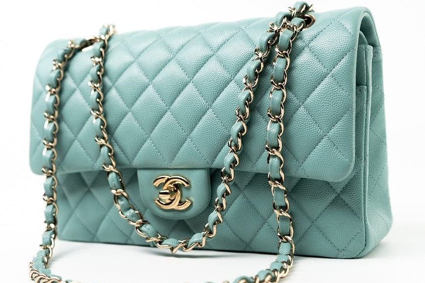 CHANEL Handbag 20C Tiffany Blue Caviar Quilted Classic Flap Medium Light Gold Hardware - Redeluxe