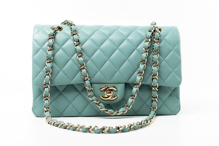 CHANEL Handbag 20C Tiffany Blue Caviar Quilted Classic Flap Medium Light Gold Hardware - Redeluxe