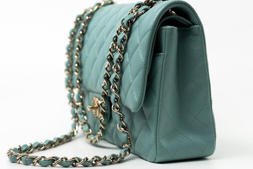 CHANEL Handbag 20C Tiffany Blue Caviar Quilted Classic Flap Medium Light Gold Hardware - Redeluxe
