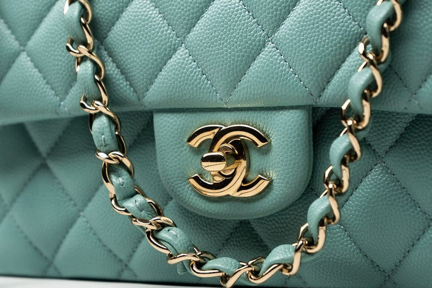 CHANEL Handbag 20C Tiffany Blue Caviar Quilted Classic Flap Medium Light Gold Hardware - Redeluxe