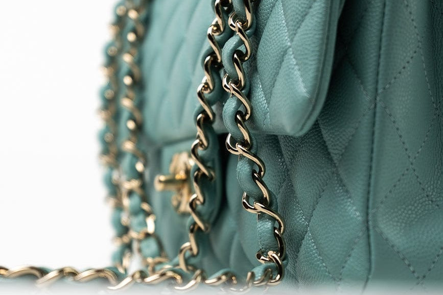 CHANEL Handbag 20C Tiffany Blue Caviar Quilted Classic Flap Medium Light Gold Hardware - Redeluxe