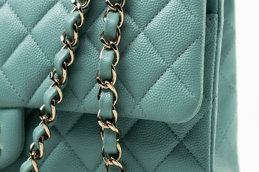 CHANEL Handbag 20C Tiffany Blue Caviar Quilted Classic Flap Medium Light Gold Hardware - Redeluxe