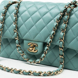 CHANEL Handbag 20C Tiffany Blue Caviar Quilted Classic Flap Medium Light Gold Hardware - Redeluxe