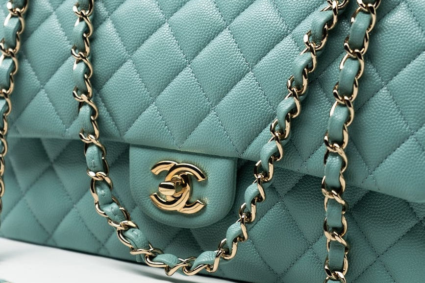 CHANEL Handbag 20C Tiffany Blue Caviar Quilted Classic Flap Medium Light Gold Hardware - Redeluxe