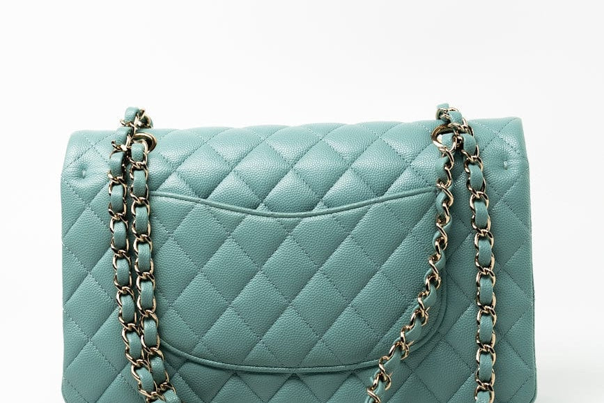 CHANEL Handbag 20C Tiffany Blue Caviar Quilted Classic Flap Medium Light Gold Hardware - Redeluxe
