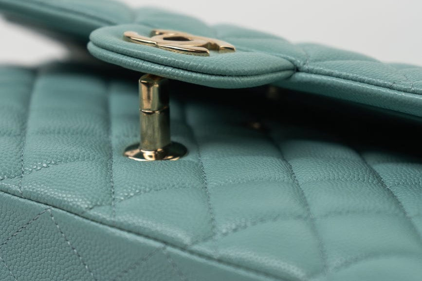 CHANEL Handbag 20C Tiffany Blue Caviar Quilted Classic Flap Medium Light Gold Hardware - Redeluxe