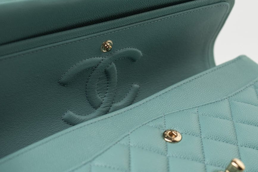 CHANEL Handbag 20C Tiffany Blue Caviar Quilted Classic Flap Medium Light Gold Hardware - Redeluxe
