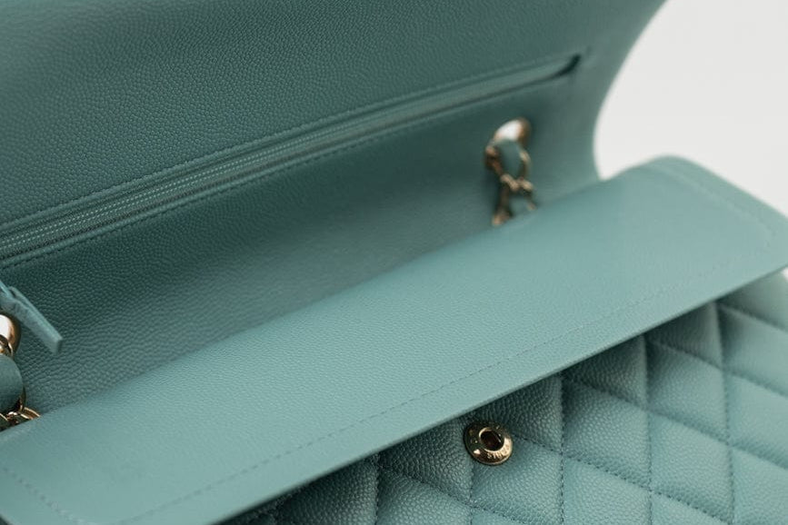 CHANEL Handbag 20C Tiffany Blue Caviar Quilted Classic Flap Medium Light Gold Hardware - Redeluxe