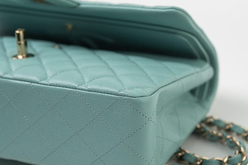 CHANEL Handbag 20C Tiffany Blue Caviar Quilted Classic Flap Medium Light Gold Hardware - Redeluxe