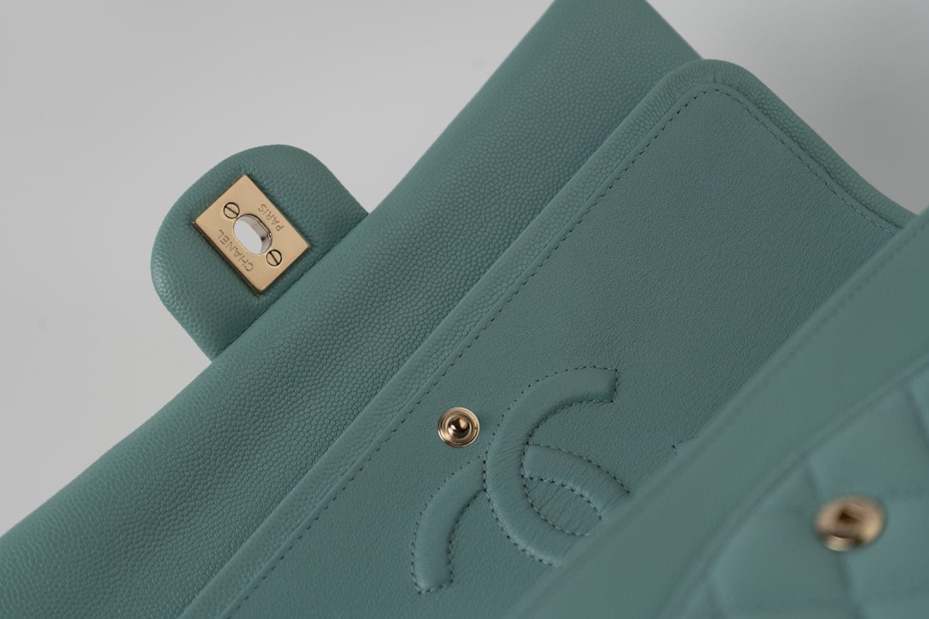 CHANEL Handbag 20C Tiffany Blue Caviar Quilted Classic Flap Medium Light Gold Hardware - Redeluxe