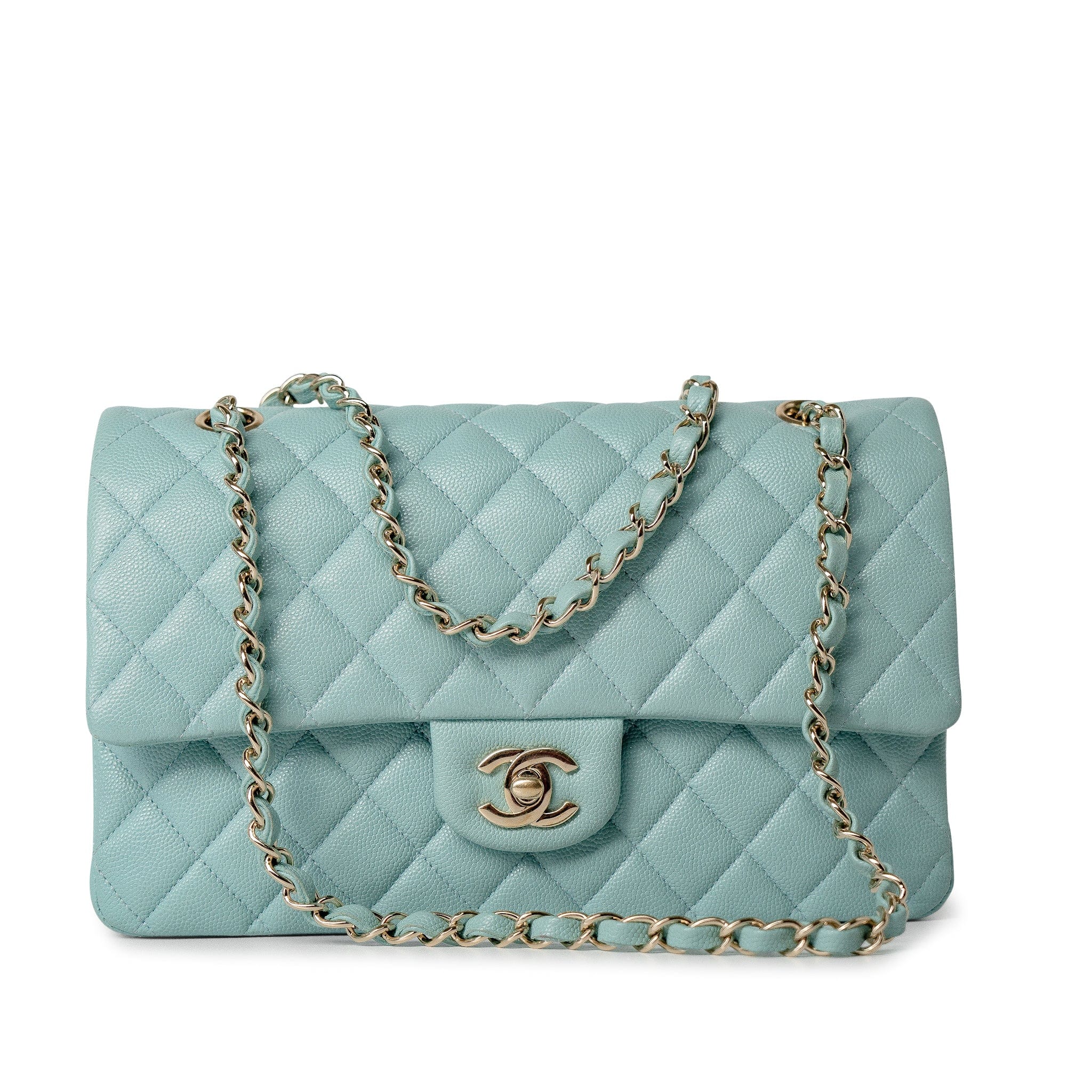 CHANEL Handbag 20C Tiffany Blue Caviar Quilted Classic Flap Medium Light Gold Hardware - Redeluxe
