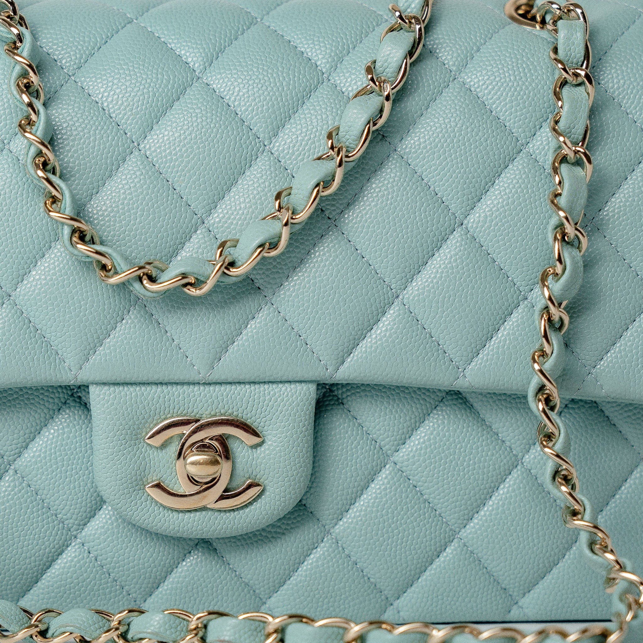 CHANEL Handbag 20C Tiffany Blue Caviar Quilted Classic Flap Medium Light Gold Hardware - Redeluxe