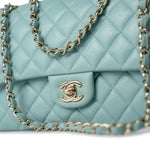CHANEL Handbag 20C Tiffany Blue Caviar Quilted Classic Flap Medium Light Gold Hardware - Redeluxe