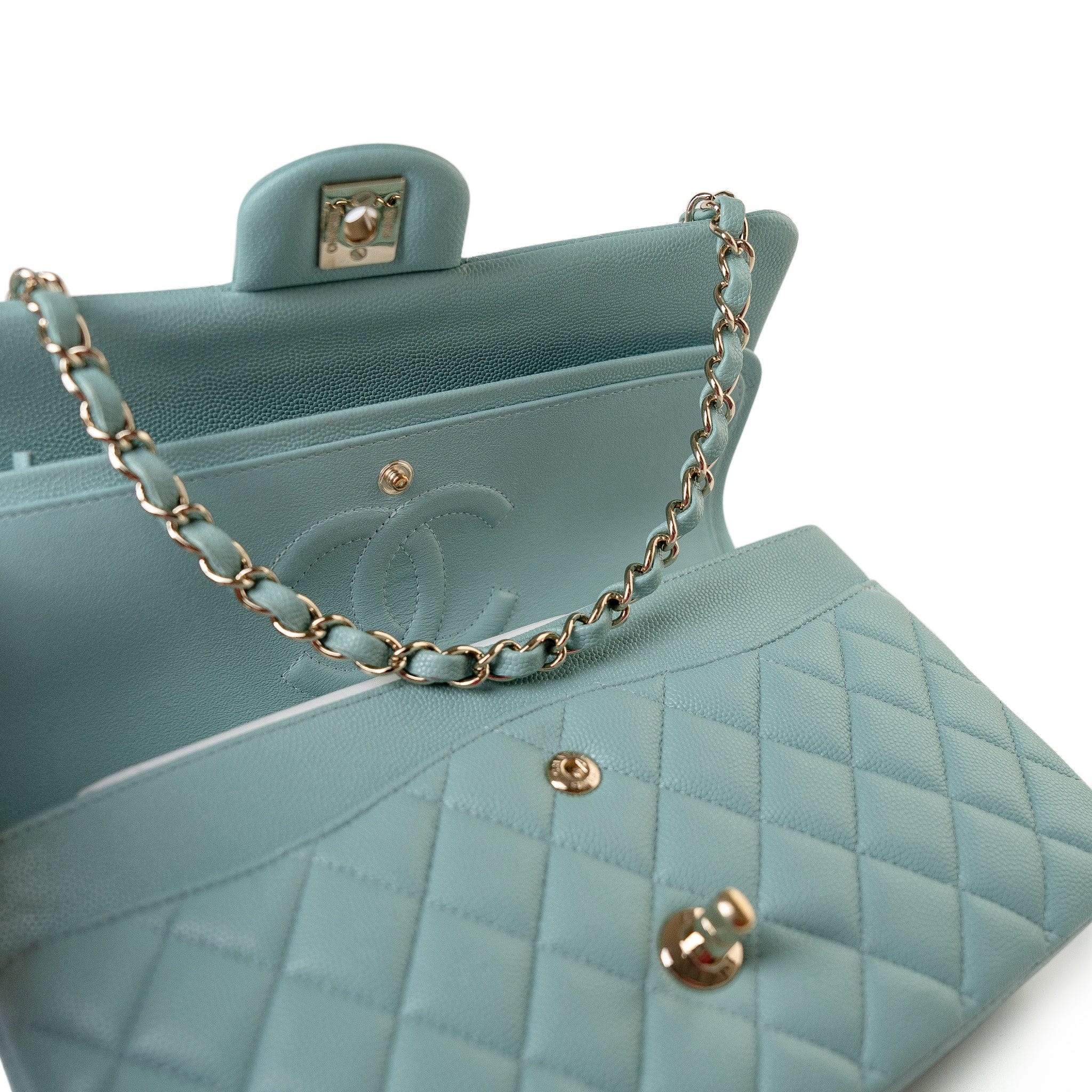 CHANEL Handbag 20C Tiffany Blue Caviar Quilted Classic Flap Medium Light Gold Hardware - Redeluxe