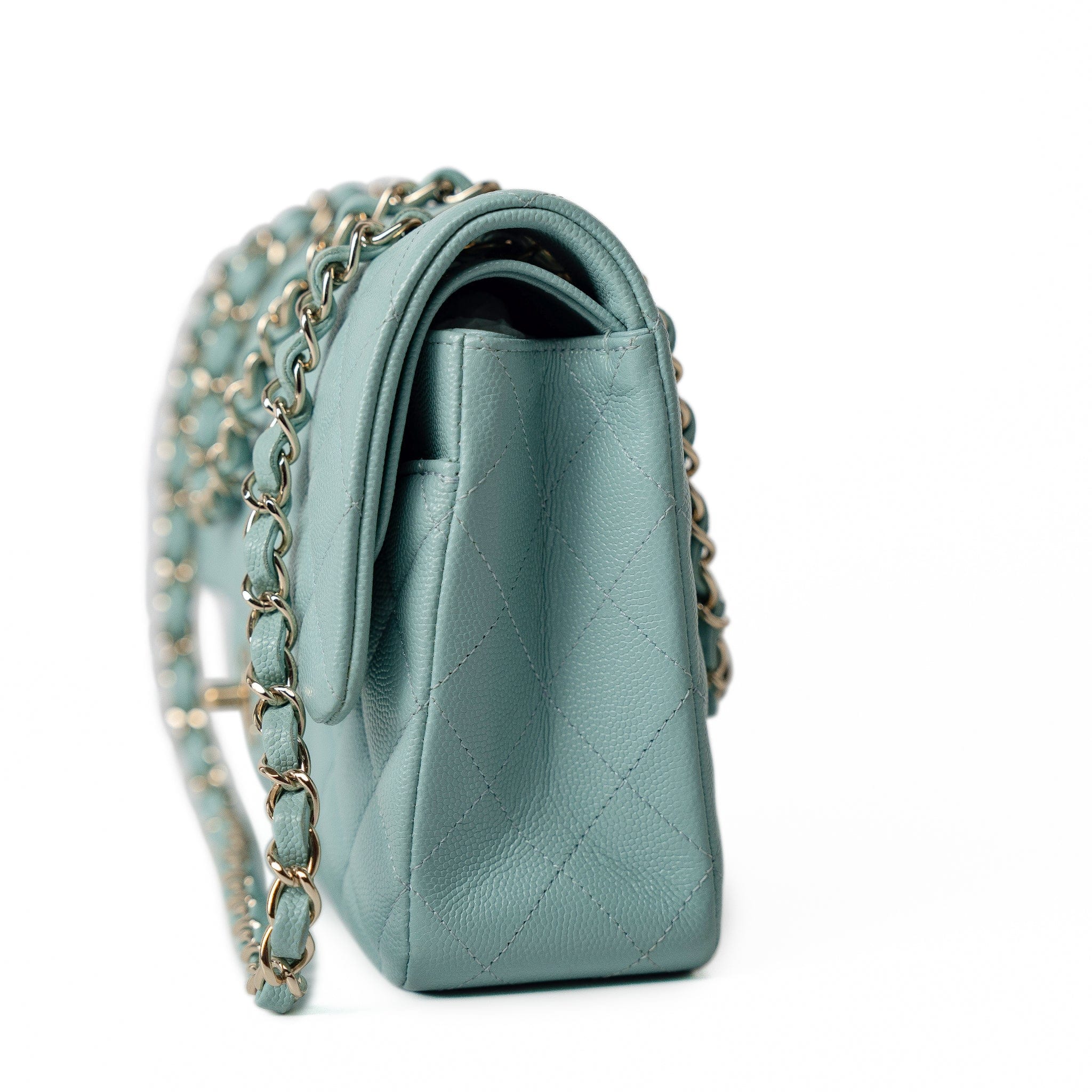 CHANEL Handbag 20C Tiffany Blue Caviar Quilted Classic Flap Medium Light Gold Hardware - Redeluxe