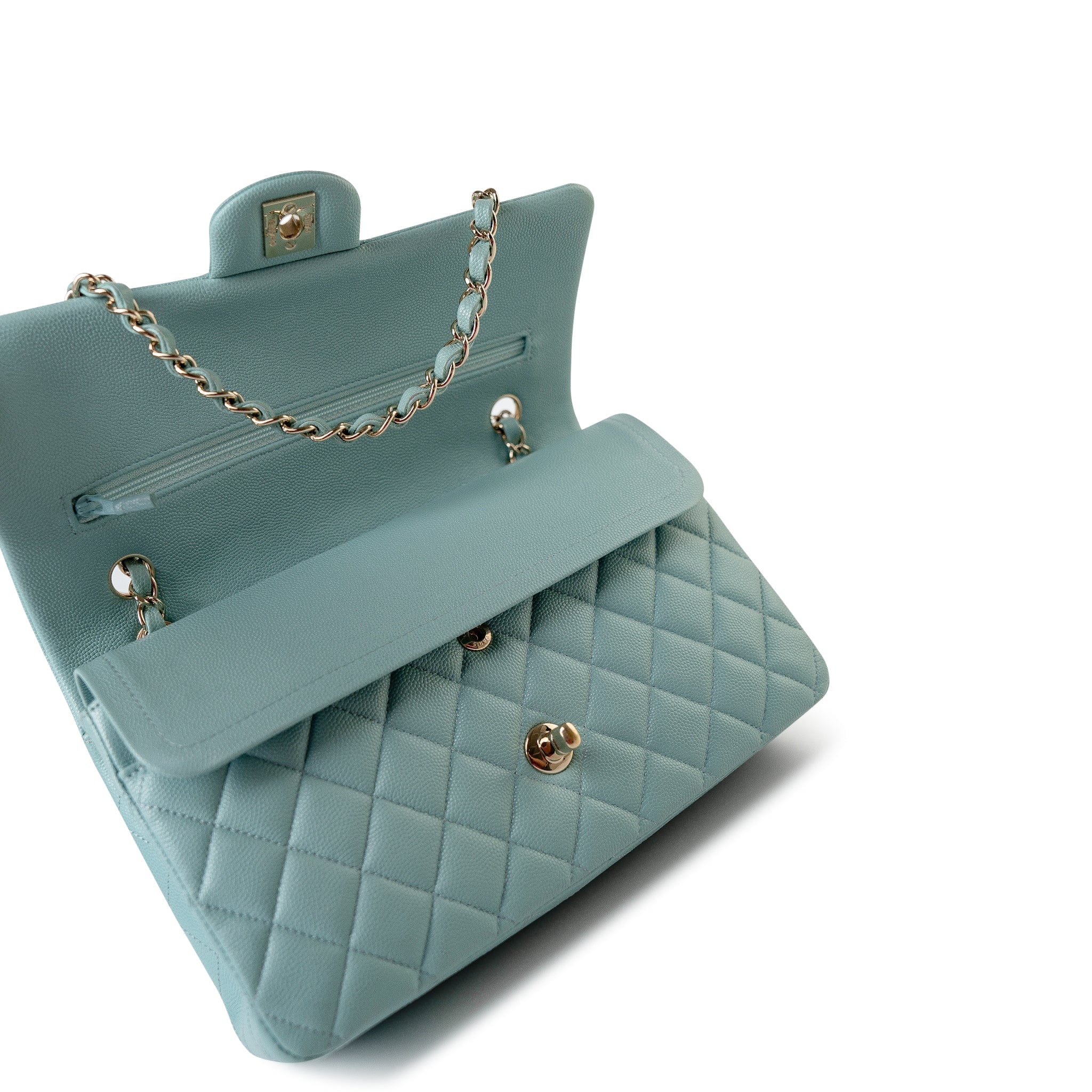 CHANEL Handbag 20C Tiffany Blue Caviar Quilted Classic Flap Medium Light Gold Hardware - Redeluxe
