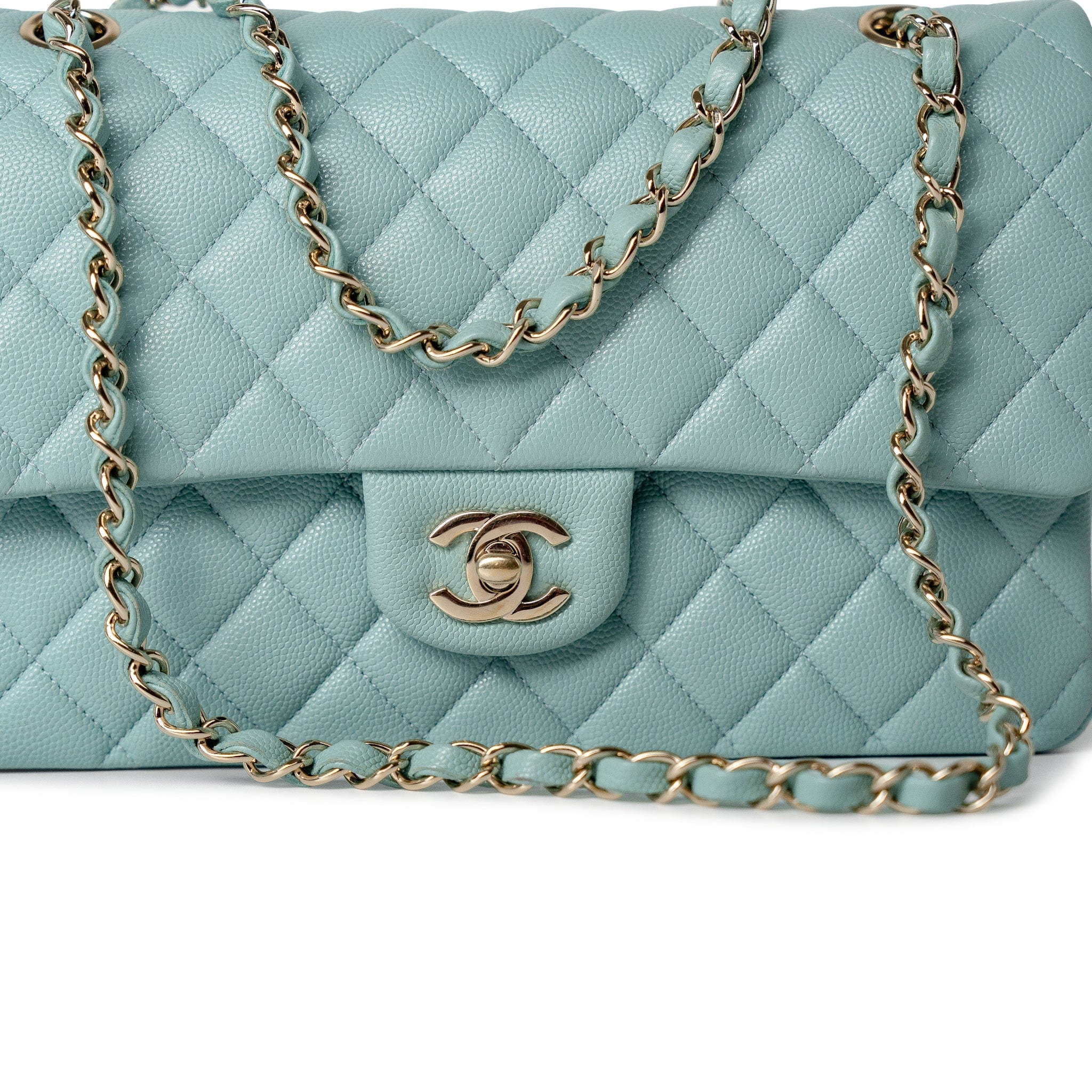 CHANEL Handbag 20C Tiffany Blue Caviar Quilted Classic Flap Medium Light Gold Hardware - Redeluxe