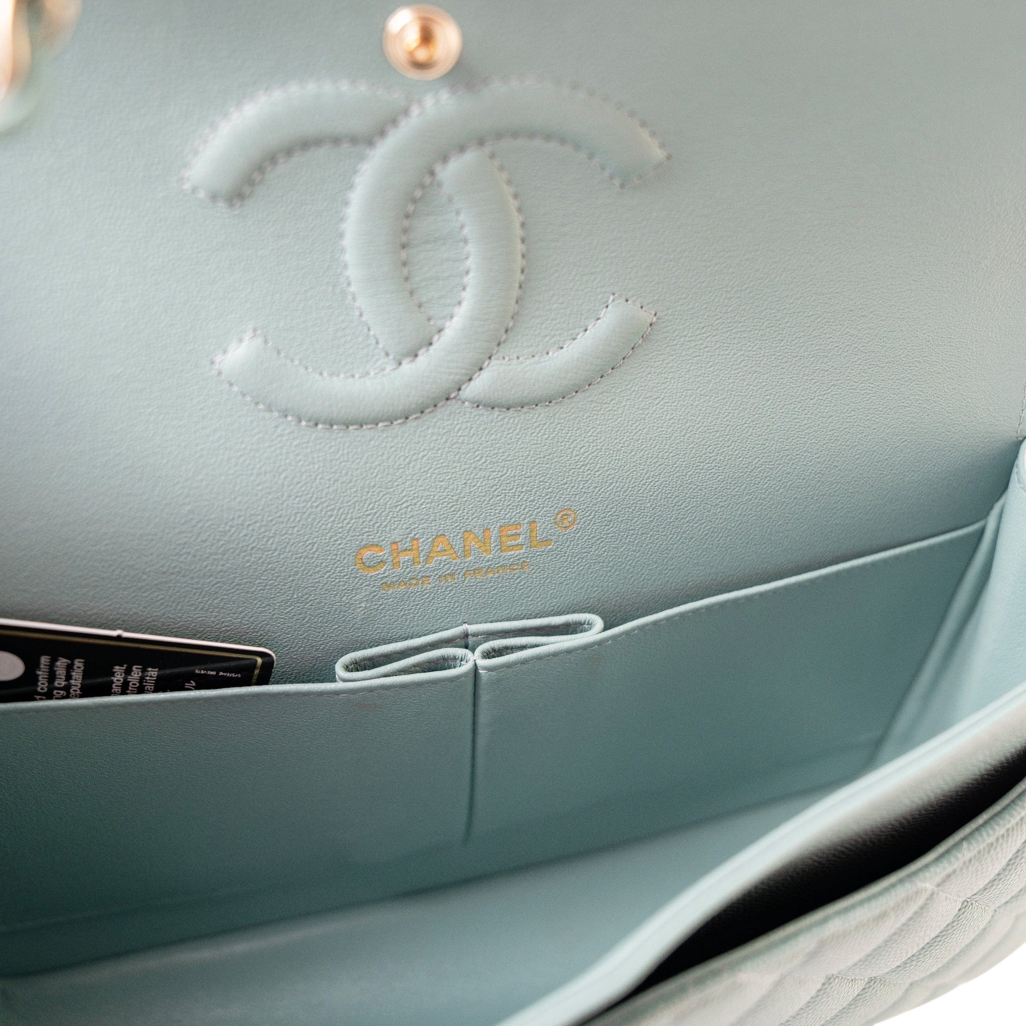 CHANEL Handbag 20C Tiffany Blue Caviar Quilted Classic Flap Medium Light Gold Hardware - Redeluxe