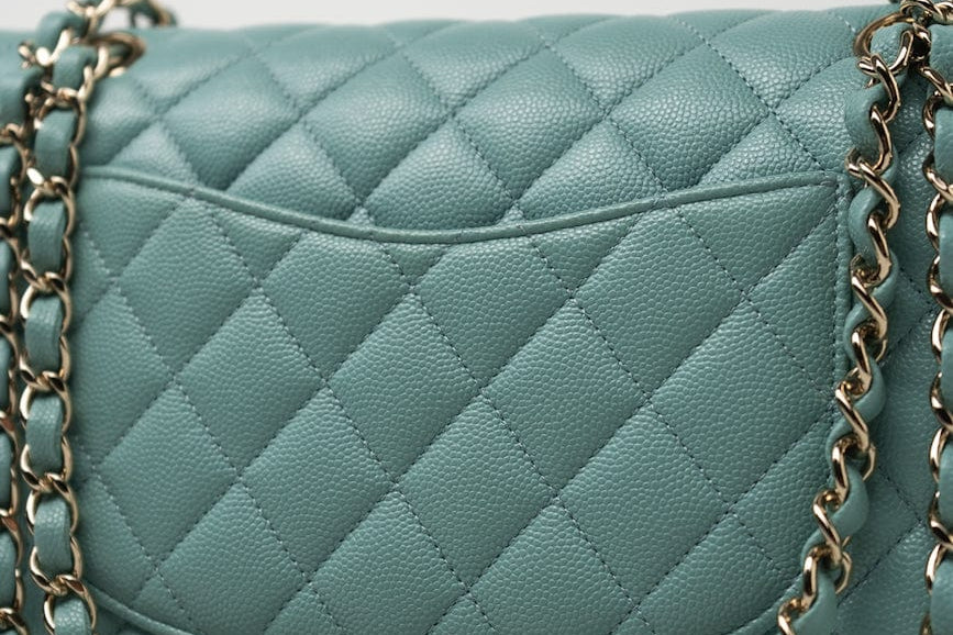CHANEL Handbag 20C Tiffany Blue Caviar Quilted Classic Flap Medium Light Gold Hardware - Redeluxe
