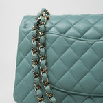 CHANEL Handbag 20C Tiffany Blue Caviar Quilted Classic Flap Medium Light Gold Hardware - Redeluxe