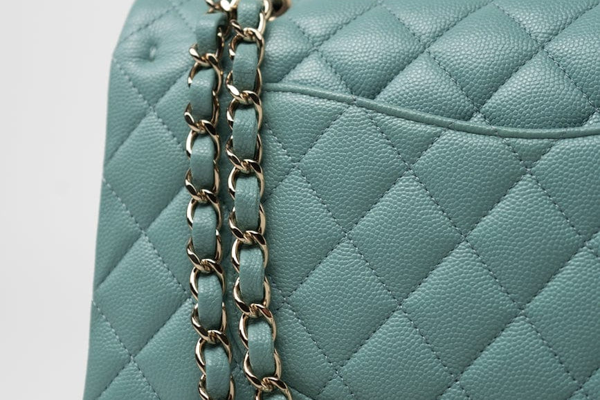 CHANEL Handbag 20C Tiffany Blue Caviar Quilted Classic Flap Medium Light Gold Hardware - Redeluxe