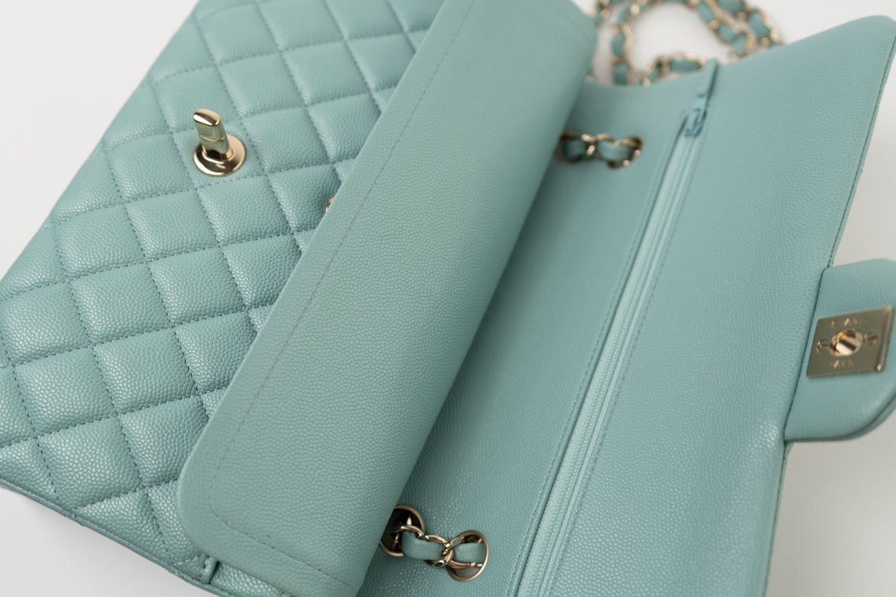 CHANEL Handbag 20C Tiffany Blue Caviar Quilted Classic Flap Medium Light Gold Hardware - Redeluxe
