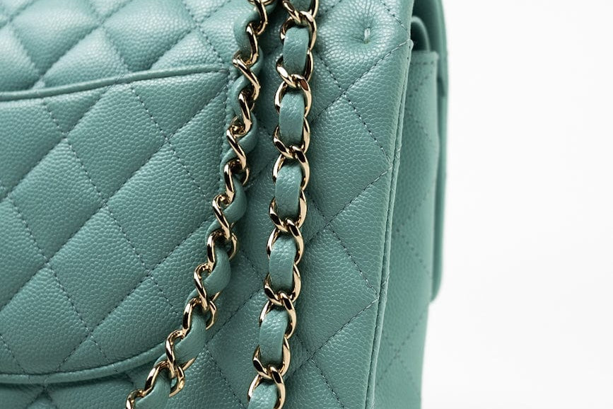 CHANEL Handbag 20C Tiffany Blue Caviar Quilted Classic Flap Medium Light Gold Hardware - Redeluxe