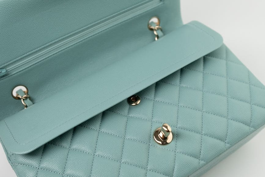CHANEL Handbag 20C Tiffany Blue Caviar Quilted Classic Flap Medium Light Gold Hardware - Redeluxe