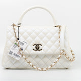 CHANEL Handbag 20K Iridescent White Caviar Quilted Coco Handle Medium Light Gold Hardware - Redeluxe