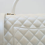 CHANEL Handbag 20K Iridescent White Caviar Quilted Coco Handle Medium Light Gold Hardware - Redeluxe