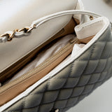 CHANEL Handbag 20K Iridescent White Caviar Quilted Coco Handle Medium Light Gold Hardware - Redeluxe