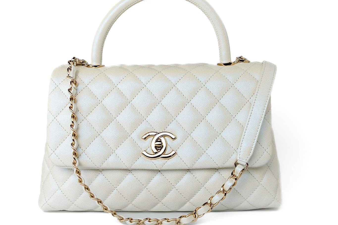 CHANEL Handbag 20K Iridescent White Caviar Quilted Coco Handle Medium Light Gold Hardware - Redeluxe