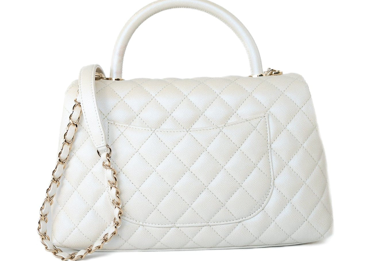 CHANEL Handbag 20K Iridescent White Caviar Quilted Coco Handle Medium Light Gold Hardware - Redeluxe
