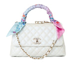 CHANEL Handbag 20K Iridescent White Caviar Quilted Coco Handle Medium Light Gold Hardware - Redeluxe