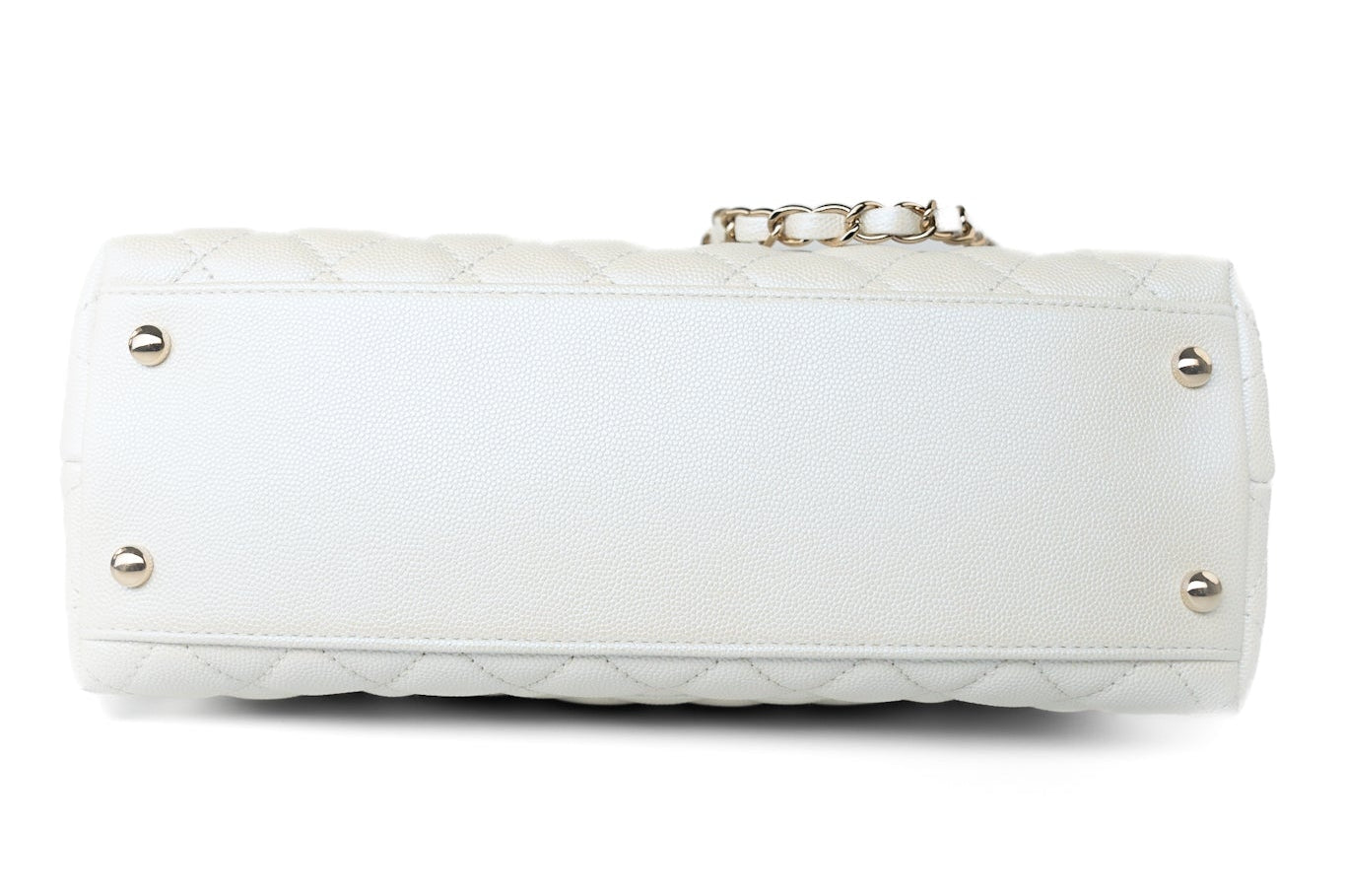 CHANEL Handbag 20K Iridescent White Caviar Quilted Coco Handle Medium Light Gold Hardware - Redeluxe