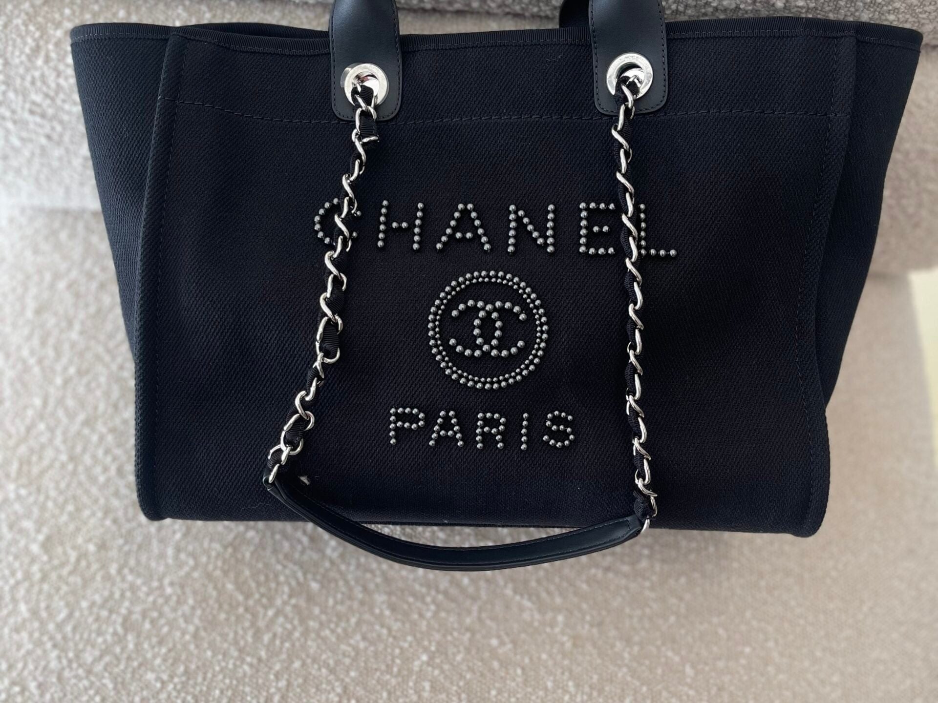 CHANEL Handbag 20S Black Large Deauville Shopping Bag Silver Hardware - Redeluxe