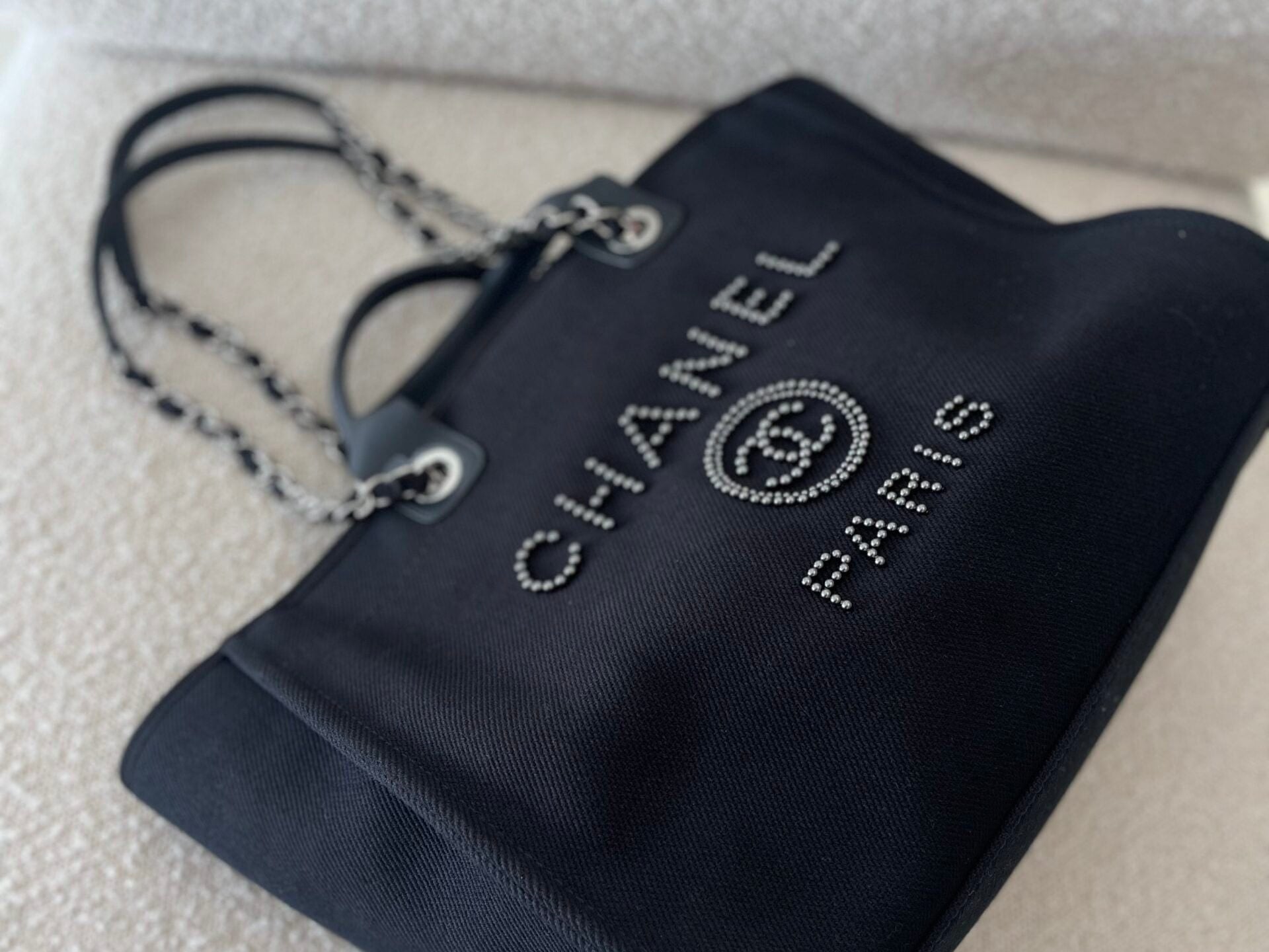 CHANEL Handbag 20S Black Large Deauville Shopping Bag Silver Hardware - Redeluxe