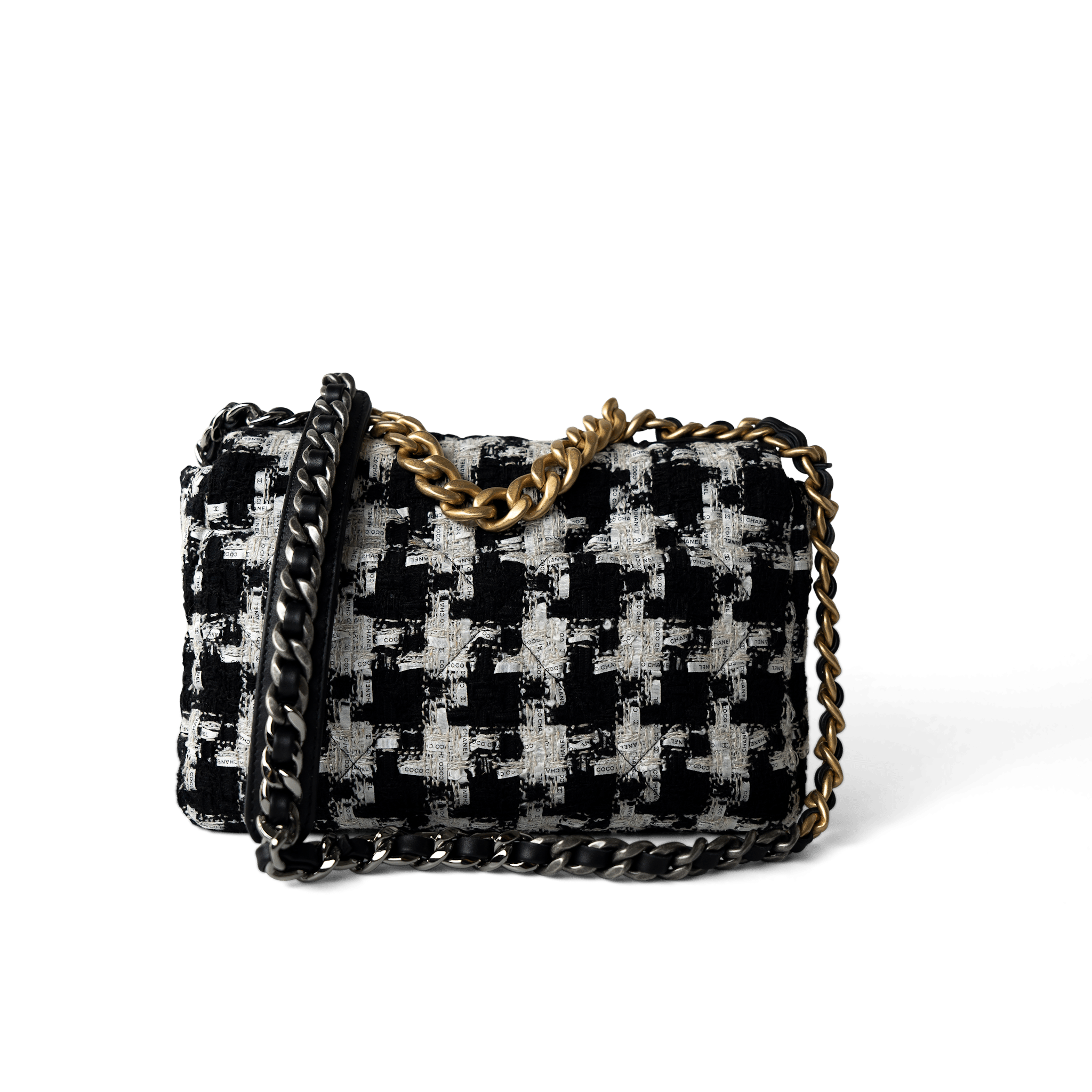 CHANEL Handbag 20S Black / White Ribbon Tweed 19 Flap Mixed Hardware Small - Redeluxe