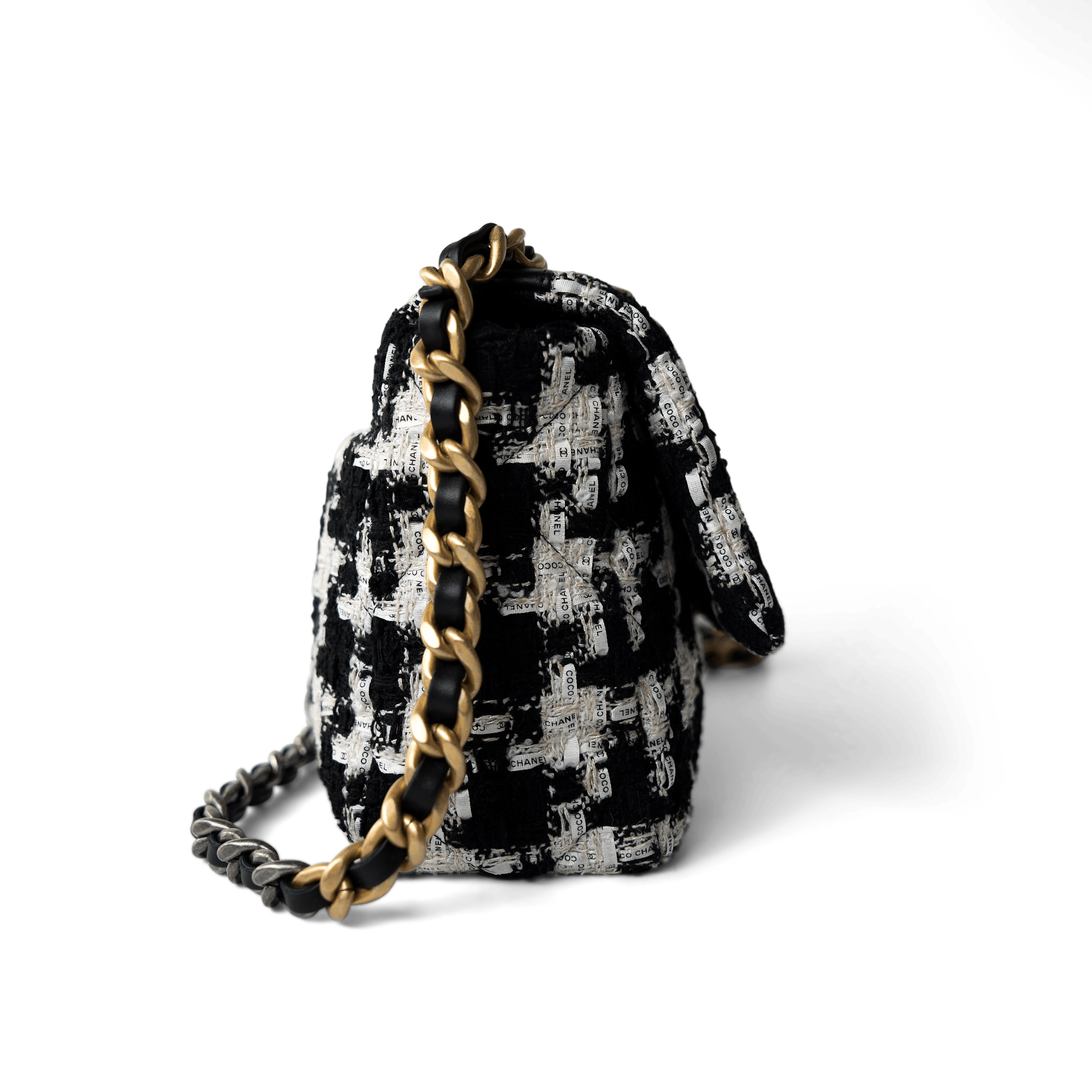 CHANEL Handbag 20S Black / White Ribbon Tweed 19 Flap Mixed Hardware Small - Redeluxe