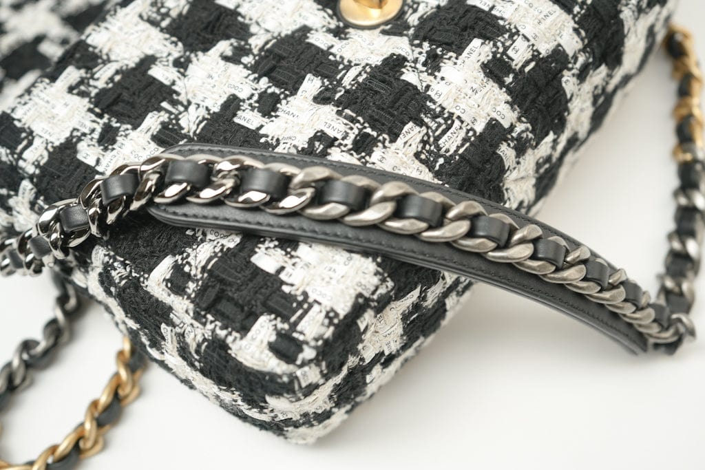 CHANEL Handbag 20S Ecru Black & White Tweed Quilted 19 Flap Small Mixed Hardware - Redeluxe