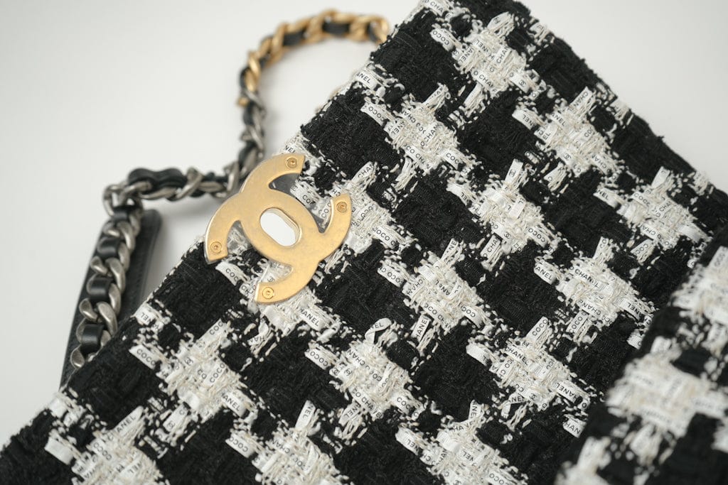 CHANEL Handbag 20S Ecru Black & White Tweed Quilted 19 Flap Small Mixed Hardware - Redeluxe