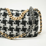 CHANEL Handbag 20S Ecru Black & White Tweed Quilted 19 Flap Small Mixed Hardware - Redeluxe