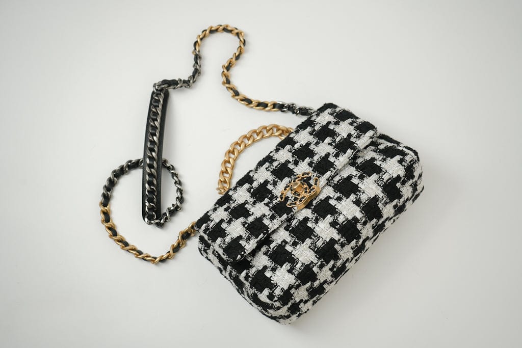 CHANEL Handbag 20S Ecru Black & White Tweed Quilted 19 Flap Small Mixed Hardware - Redeluxe
