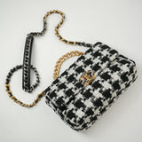 CHANEL Handbag 20S Ecru Black & White Tweed Quilted 19 Flap Small Mixed Hardware - Redeluxe