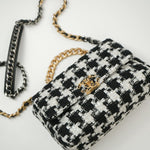 CHANEL Handbag 20S Ecru Black & White Tweed Quilted 19 Flap Small Mixed Hardware - Redeluxe