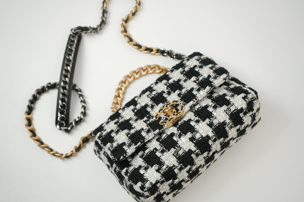 CHANEL Handbag 20S Ecru Black & White Tweed Quilted 19 Flap Small Mixed Hardware - Redeluxe