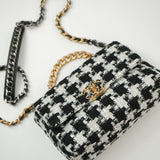 CHANEL Handbag 20S Ecru Black & White Tweed Quilted 19 Flap Small Mixed Hardware - Redeluxe