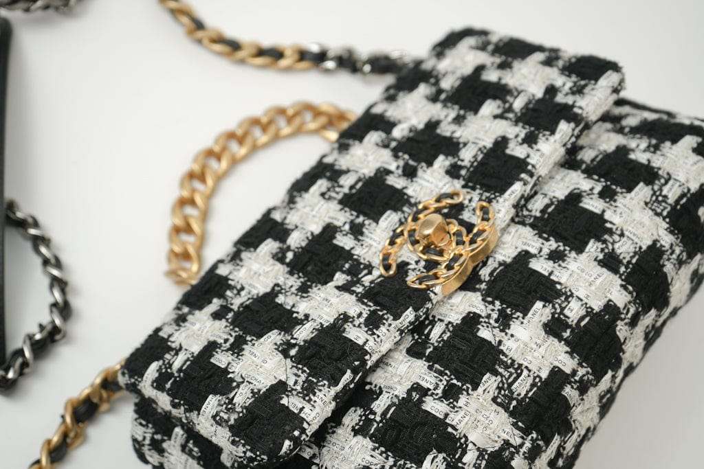 CHANEL Handbag 20S Ecru Black & White Tweed Quilted 19 Flap Small Mixed Hardware - Redeluxe