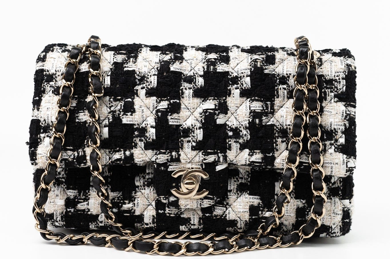 CHANEL Handbag 20S Ecru Black & White Tweed Quilted Medium Classic Flap LGHW - Redeluxe
